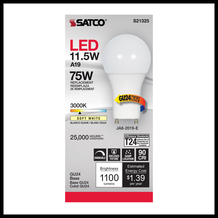 SATCO/NUVO 11.5W A19 LED 90 CRI 3000K GU24 Base 220 Degree Beam Angle 120V 1100Lm (S21325)