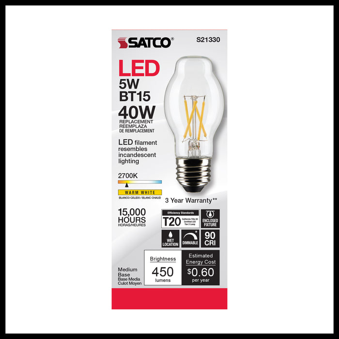 SATCO/NUVO 5W BT15 LED Clear Medium Base 90 CRI 2700K 120V (S21330)