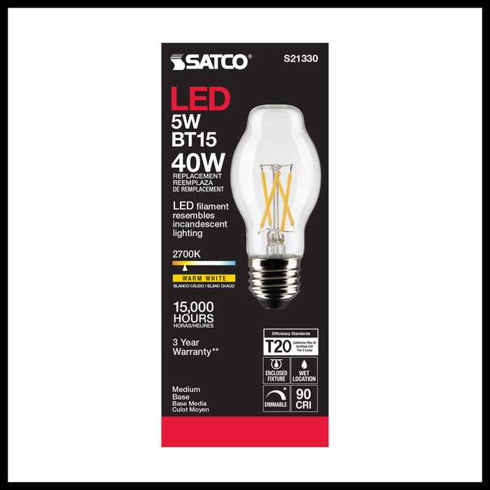 SATCO/NUVO 5W BT15 LED Clear Medium Base 90 CRI 2700K 120V (S21330)