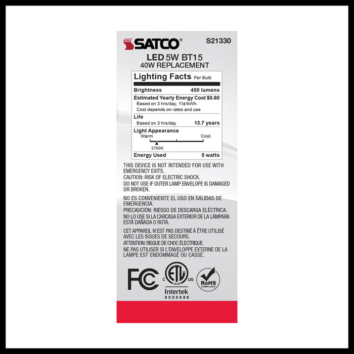 SATCO/NUVO 5W BT15 LED Clear Medium Base 90 CRI 2700K 120V (S21330)