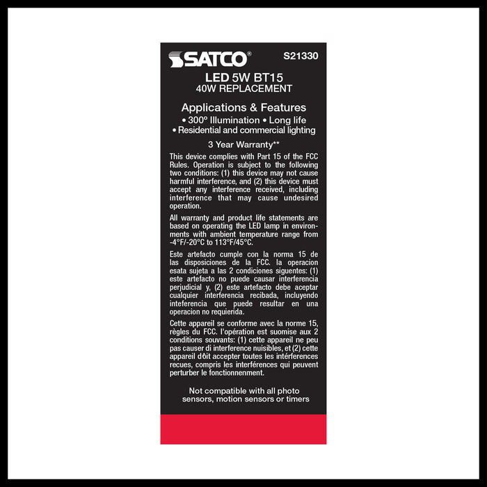 SATCO/NUVO 5W BT15 LED Clear Medium Base 90 CRI 2700K 120V (S21330)