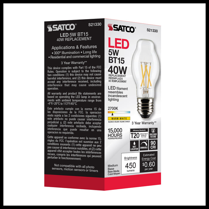 SATCO/NUVO 5W BT15 LED Clear Medium Base 90 CRI 2700K 120V (S21330)