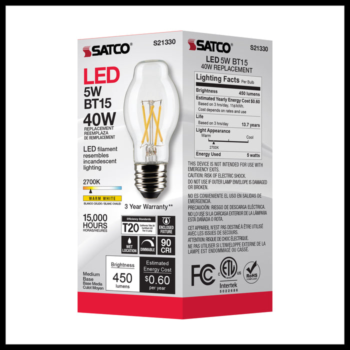 SATCO/NUVO 5W BT15 LED Clear Medium Base 90 CRI 2700K 120V (S21330)