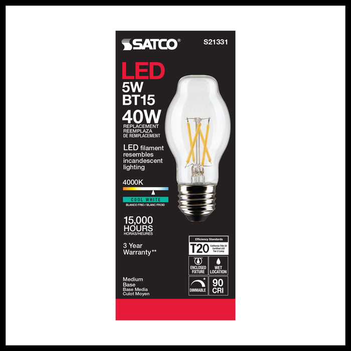 SATCO/NUVO 5W BT15 LED Clear Medium Base 90 CRI 4000K 120V (S21331)
