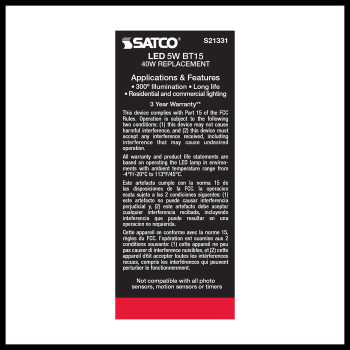SATCO/NUVO 5W BT15 LED Clear Medium Base 90 CRI 4000K 120V (S21331)