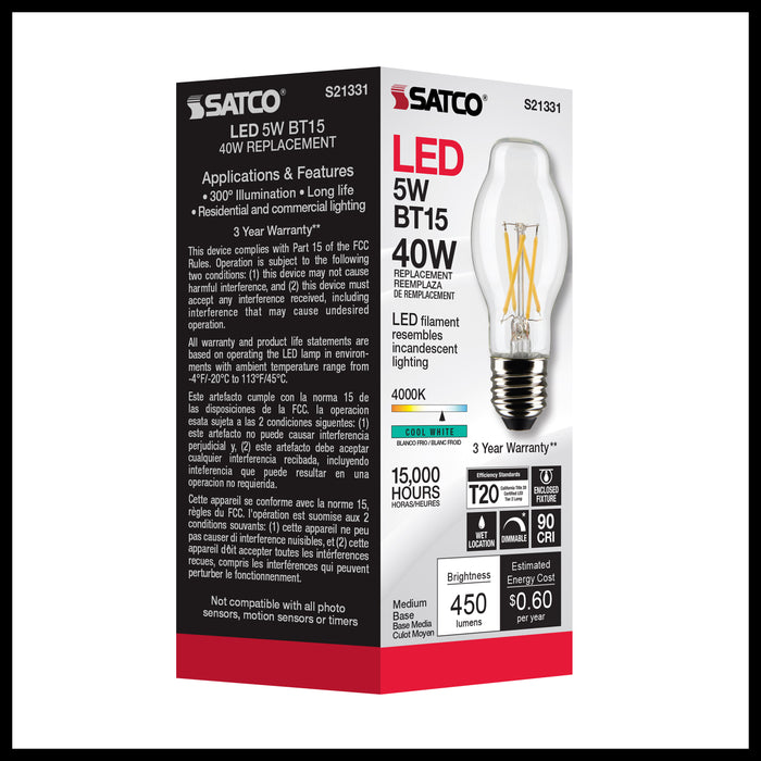 SATCO/NUVO 5W BT15 LED Clear Medium Base 90 CRI 4000K 120V (S21331)