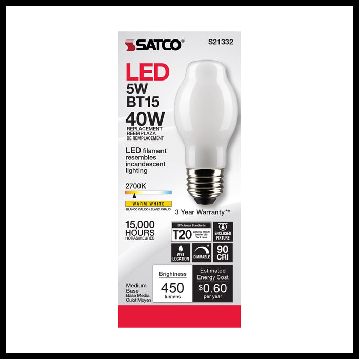 SATCO/NUVO 5W BT15 LED White Medium Base 90 CRI 2700K 120V (S21332)