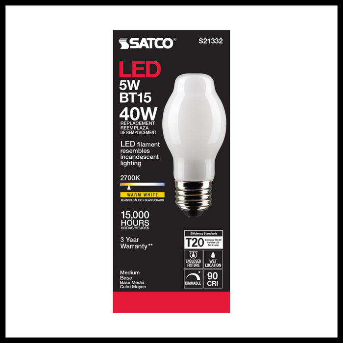 SATCO/NUVO 5W BT15 LED White Medium Base 90 CRI 2700K 120V (S21332)
