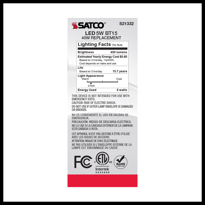 SATCO/NUVO 5W BT15 LED White Medium Base 90 CRI 2700K 120V (S21332)