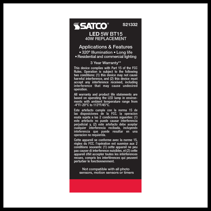 SATCO/NUVO 5W BT15 LED White Medium Base 90 CRI 2700K 120V (S21332)