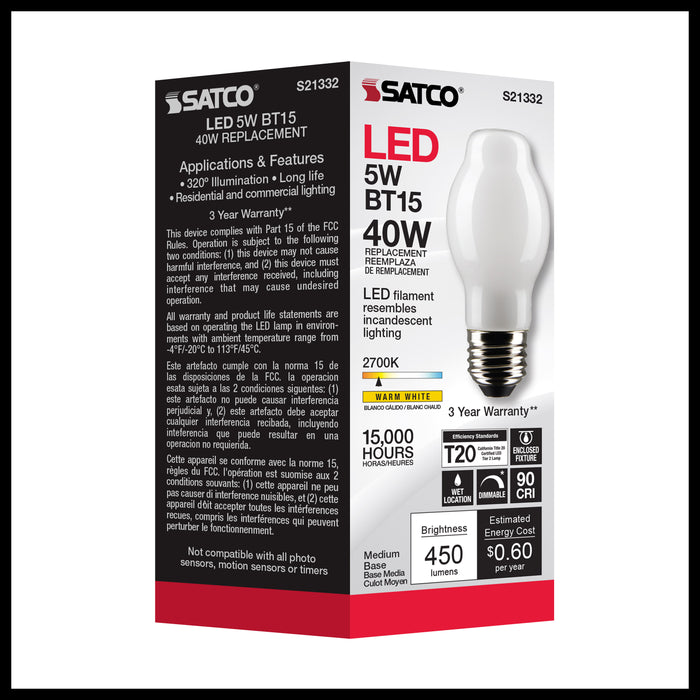 SATCO/NUVO 5W BT15 LED White Medium Base 90 CRI 2700K 120V (S21332)