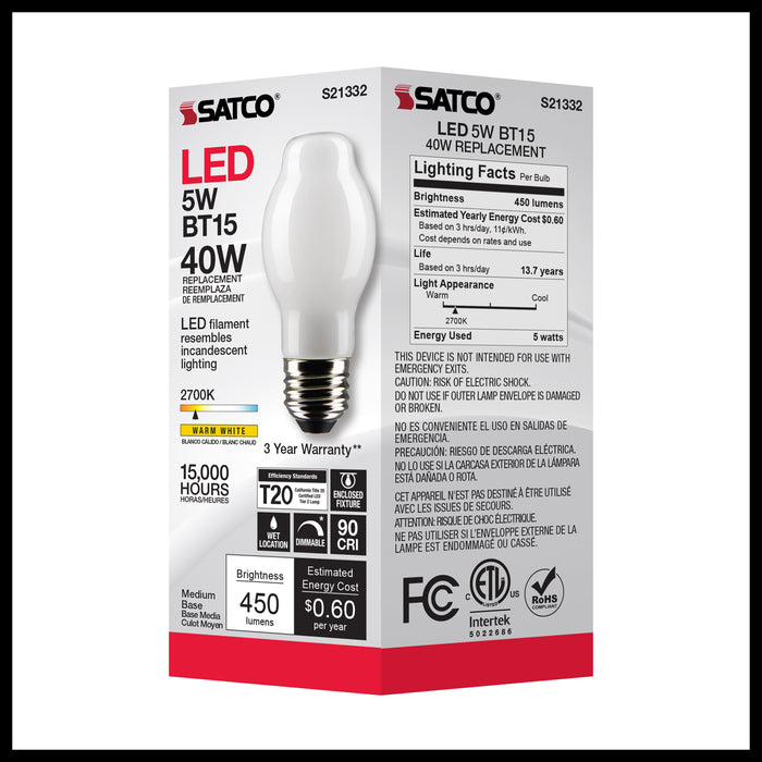 SATCO/NUVO 5W BT15 LED White Medium Base 90 CRI 2700K 120V (S21332)