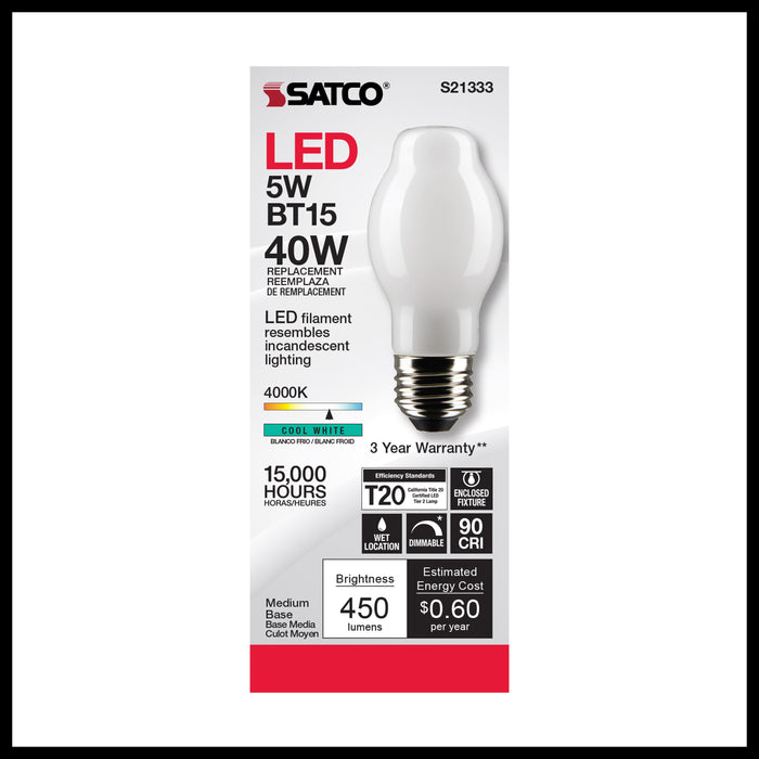 SATCO/NUVO 5W BT15 LED White Medium Base 90 CRI 4000K 120V (S21333)