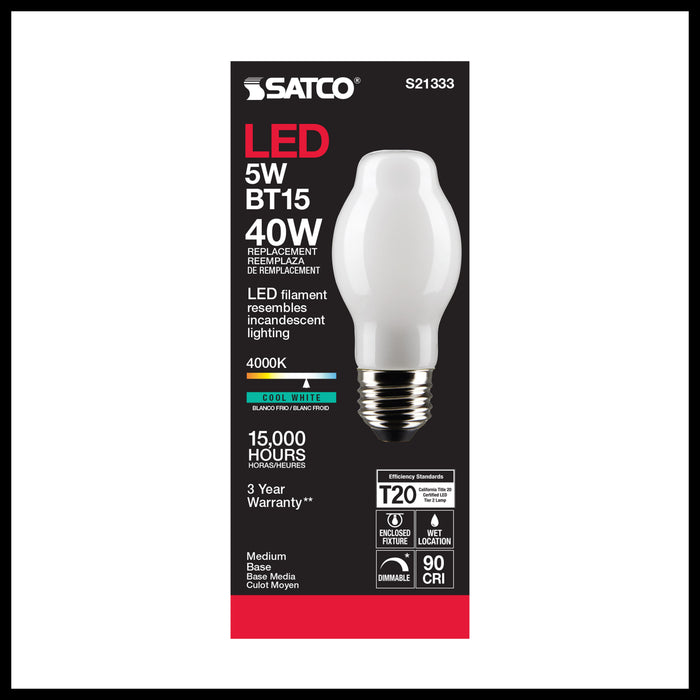 SATCO/NUVO 5W BT15 LED White Medium Base 90 CRI 4000K 120V (S21333)