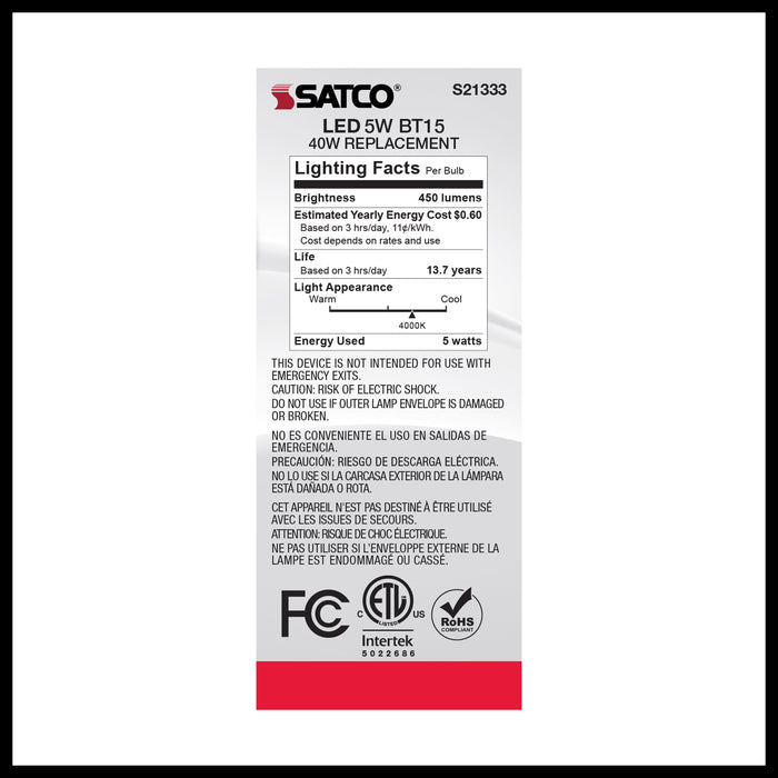 SATCO/NUVO 5W BT15 LED White Medium Base 90 CRI 4000K 120V (S21333)
