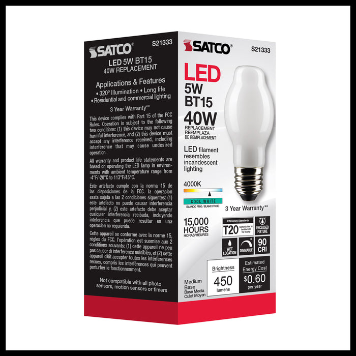SATCO/NUVO 5W BT15 LED White Medium Base 90 CRI 4000K 120V (S21333)