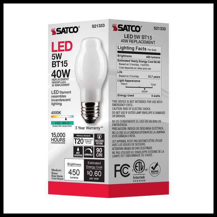 SATCO/NUVO 5W BT15 LED White Medium Base 90 CRI 4000K 120V (S21333)