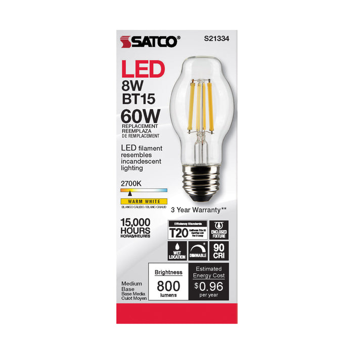 SATCO/NUVO 8W BT15 LED Clear Medium Base 90 CRI 2700K 120V (S21334)