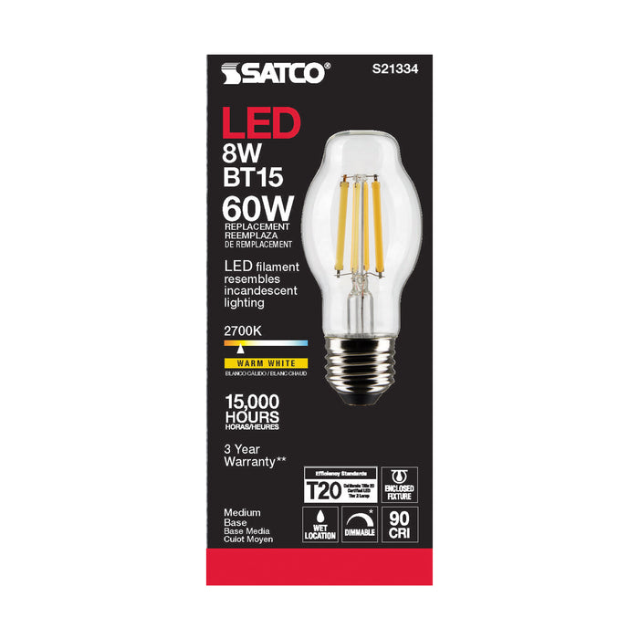 SATCO/NUVO 8W BT15 LED Clear Medium Base 90 CRI 2700K 120V (S21334)