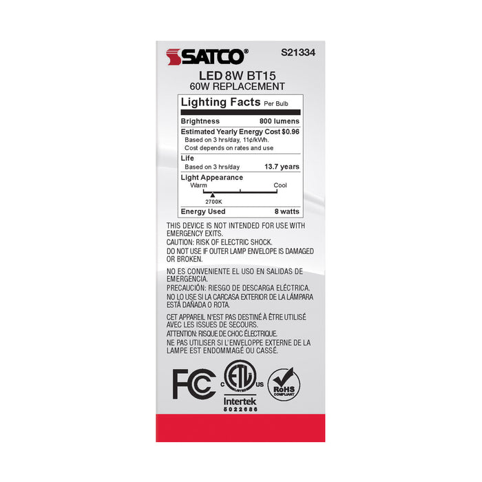 SATCO/NUVO 8W BT15 LED Clear Medium Base 90 CRI 2700K 120V (S21334)