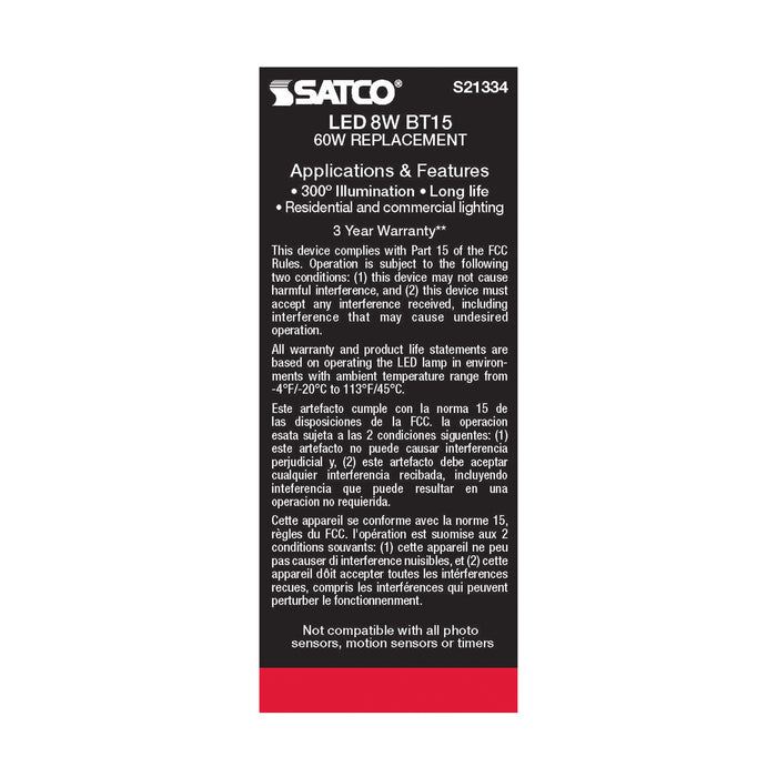SATCO/NUVO 8W BT15 LED Clear Medium Base 90 CRI 2700K 120V (S21334)