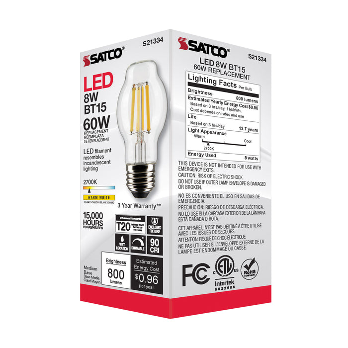 SATCO/NUVO 8W BT15 LED Clear Medium Base 90 CRI 2700K 120V (S21334)