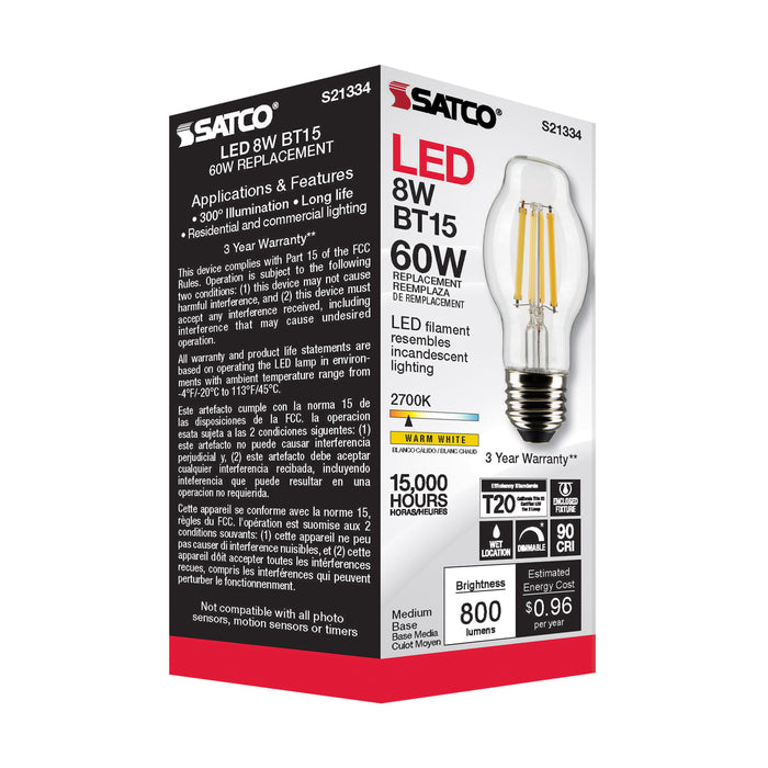 SATCO/NUVO 8W BT15 LED Clear Medium Base 90 CRI 2700K 120V (S21334)