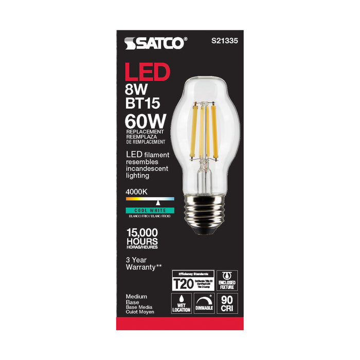 SATCO/NUVO 8W BT15 LED Clear Medium Base 90 CRI 4000K 120V (S21335)