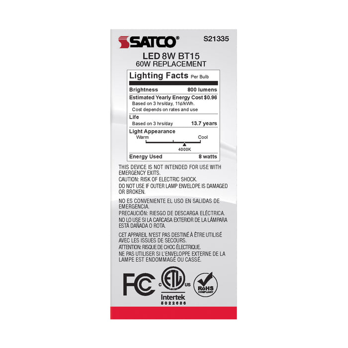SATCO/NUVO 8W BT15 LED Clear Medium Base 90 CRI 4000K 120V (S21335)
