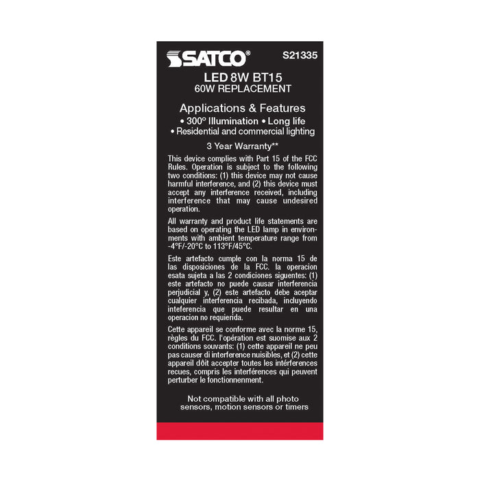 SATCO/NUVO 8W BT15 LED Clear Medium Base 90 CRI 4000K 120V (S21335)