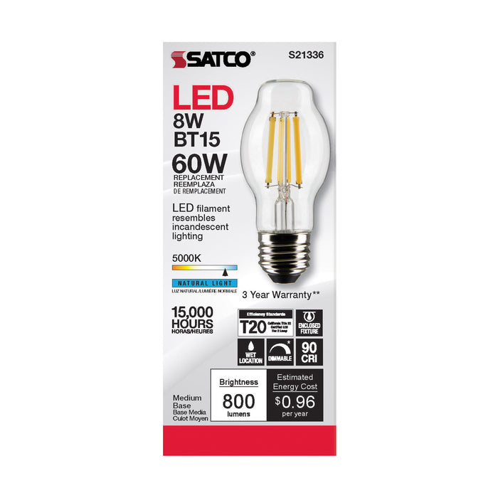 SATCO/NUVO 8W BT15 LED Clear Medium Base 90 CRI 5000K 120V (S21336)