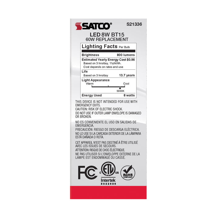 SATCO/NUVO 8W BT15 LED Clear Medium Base 90 CRI 5000K 120V (S21336)