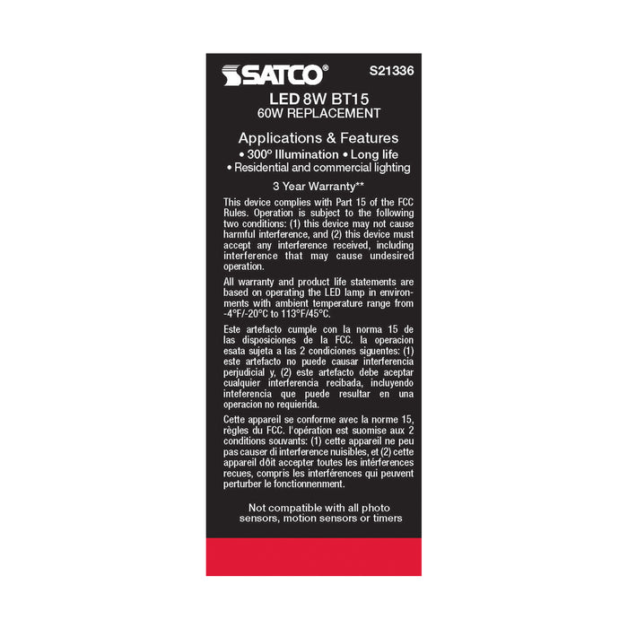 SATCO/NUVO 8W BT15 LED Clear Medium Base 90 CRI 5000K 120V (S21336)