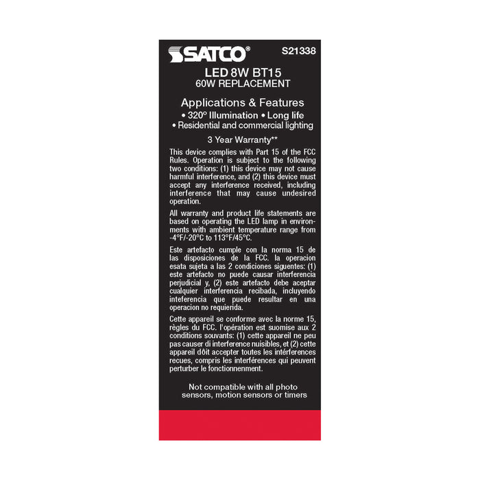 SATCO/NUVO 8W BT15 LED White Medium Base 90 CRI 4000K 120V (S21338)