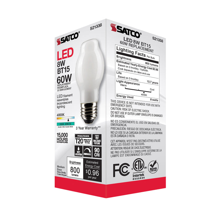 SATCO/NUVO 8W BT15 LED White Medium Base 90 CRI 4000K 120V (S21338)