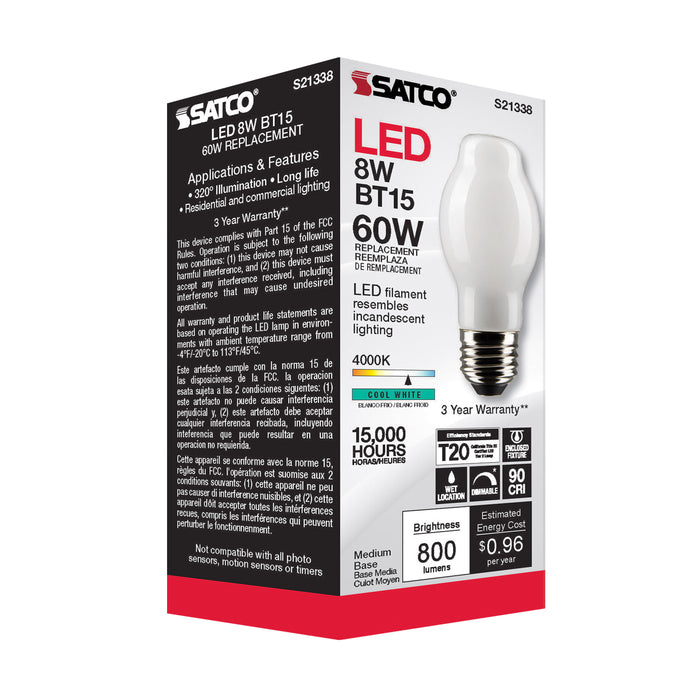SATCO/NUVO 8W BT15 LED White Medium Base 90 CRI 4000K 120V (S21338)