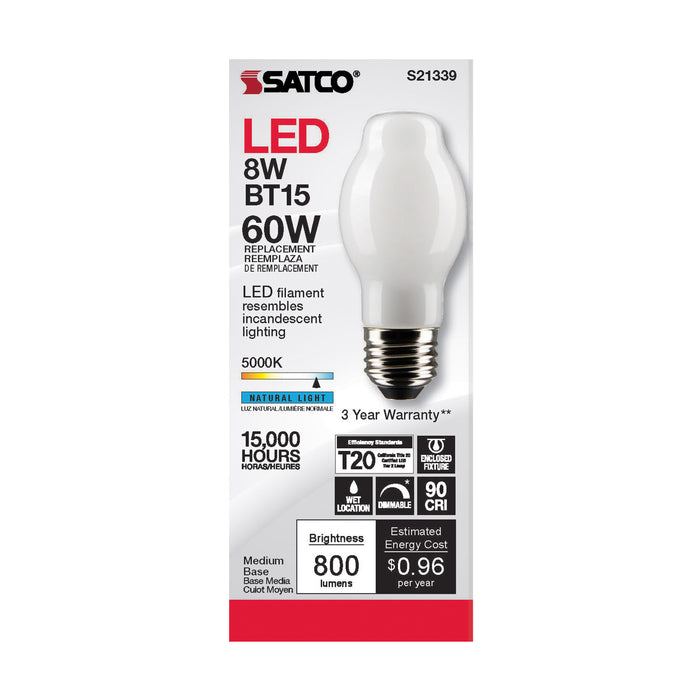 SATCO/NUVO 8W BT15 LED White Medium Base 90 CRI 5000K 120V (S21339)