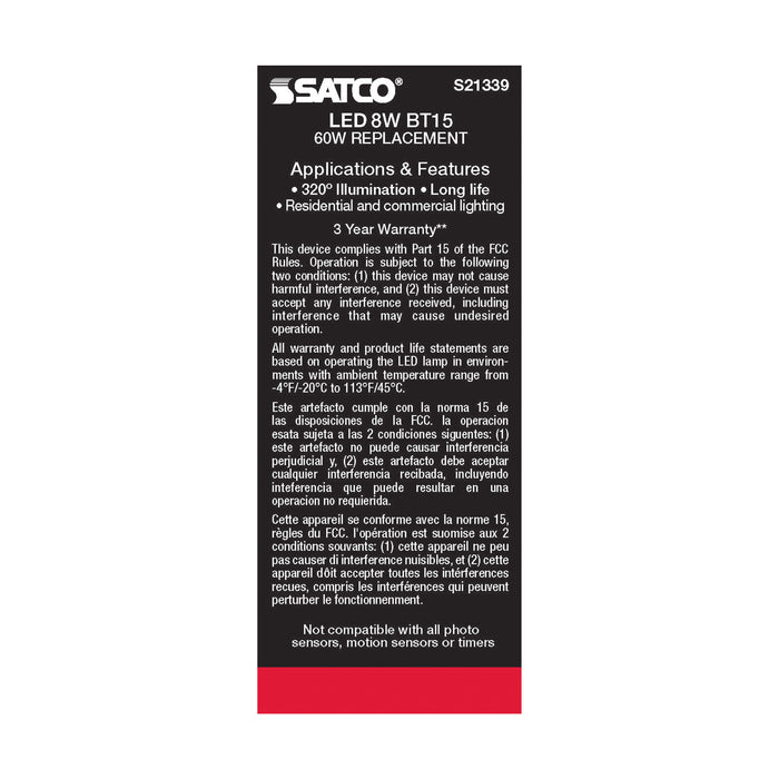 SATCO/NUVO 8W BT15 LED White Medium Base 90 CRI 5000K 120V (S21339)