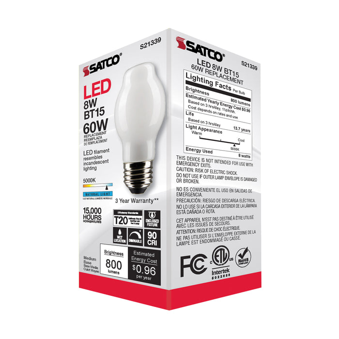 SATCO/NUVO 8W BT15 LED White Medium Base 90 CRI 5000K 120V (S21339)
