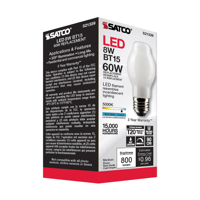 SATCO/NUVO 8W BT15 LED White Medium Base 90 CRI 5000K 120V (S21339)
