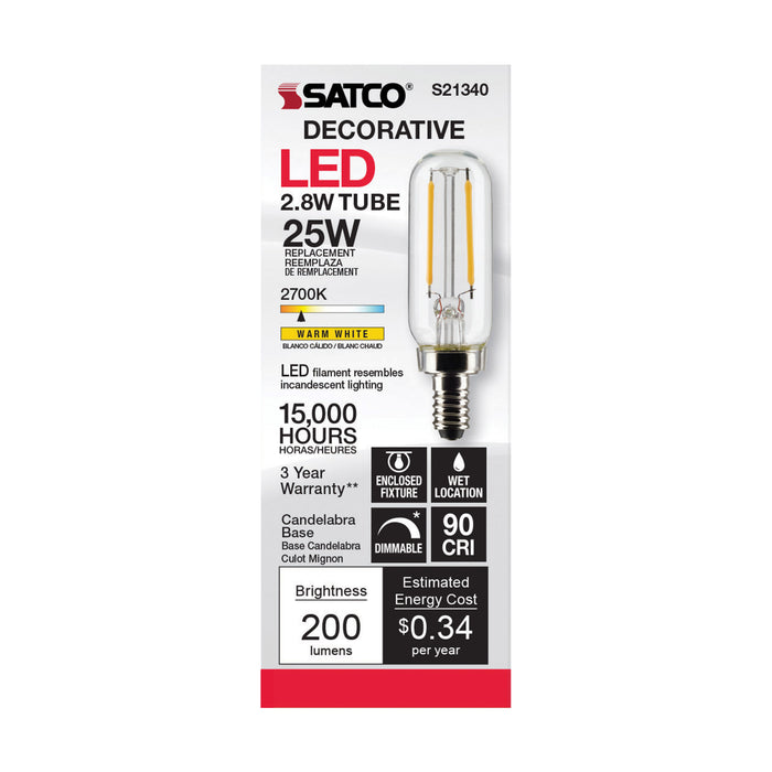 SATCO/NUVO 2.8W T6 LED Clear Candelabra Base 90 CRI 2700K 120V (S21340)