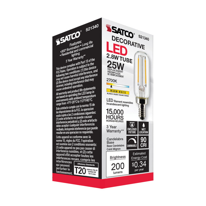 SATCO/NUVO 2.8W T6 LED Clear Candelabra Base 90 CRI 2700K 120V (S21340)