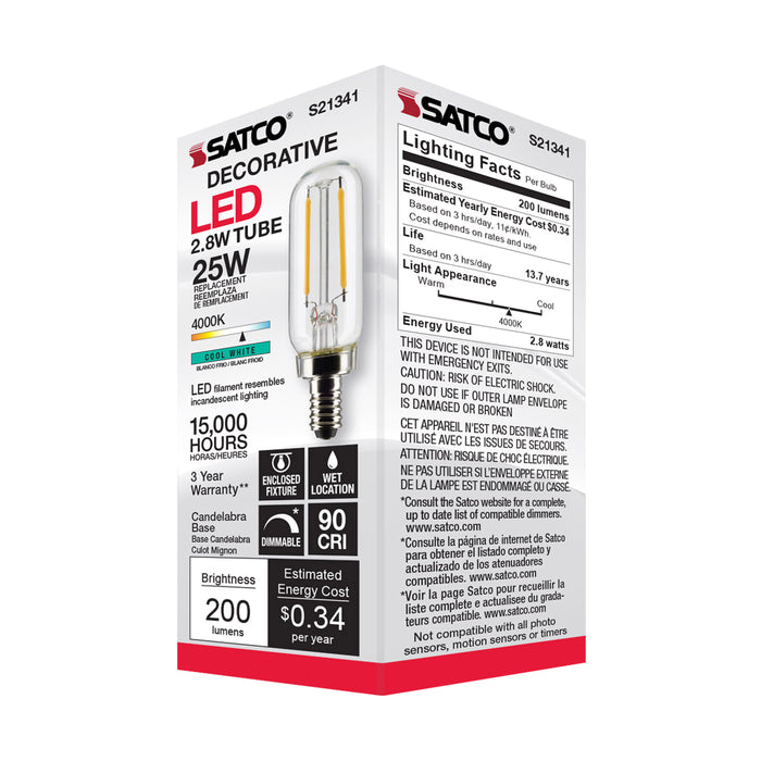 SATCO/NUVO 2.8W T6 LED Clear Candelabra Base 90 CRI 4000K 120V (S21341)