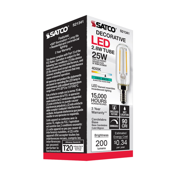 SATCO/NUVO 2.8W T6 LED Clear Candelabra Base 90 CRI 4000K 120V (S21341)