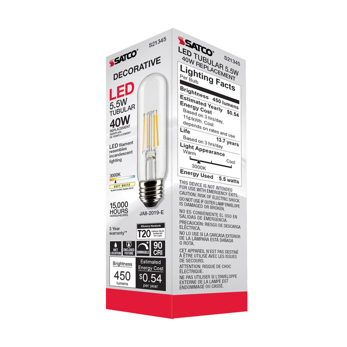 SATCO/NUVO 5.5W T10 LED Clear Medium Base 90 CRI 3000K 120V (S21345)