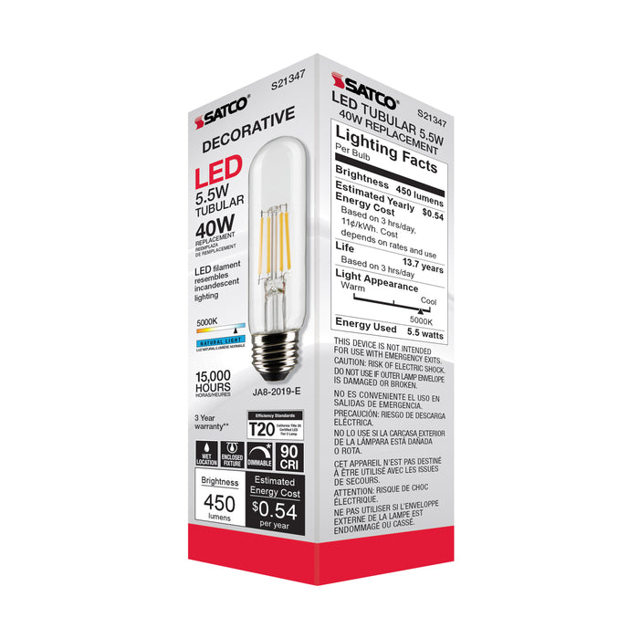 SATCO/NUVO 5.5W T10 LED Clear Medium Base 90 CRI 5000K 120V (S21347)