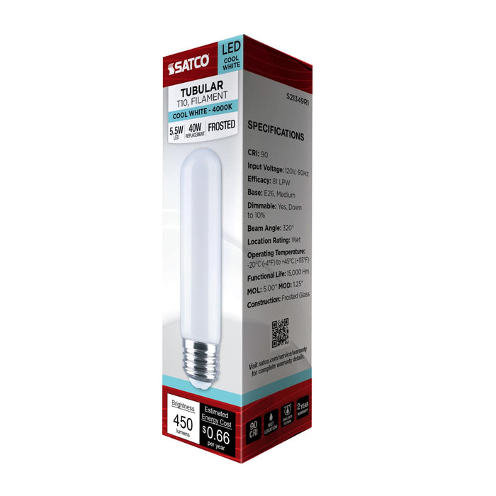 SATCO/NUVO 5.5W LED T10 Medium E26 Base 450Lm 4000K 90 CRI 120V Frost Finish (S21349R1)