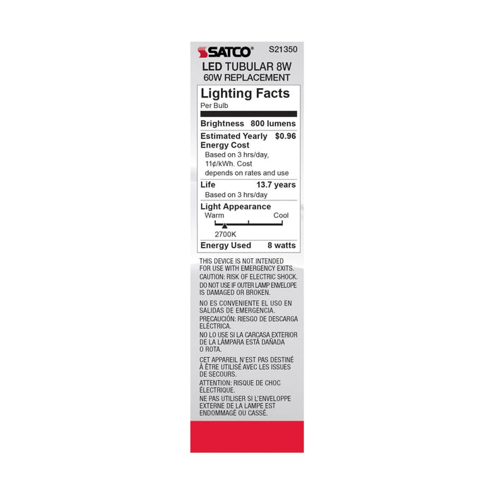 SATCO/NUVO 8W T10 LED Clear Medium Base 90 CRI 2700K 120V (S21350)