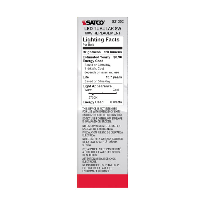 SATCO/NUVO 8W T10 LED Frost Medium Base 90 CRI 2700K 120V (S21352)