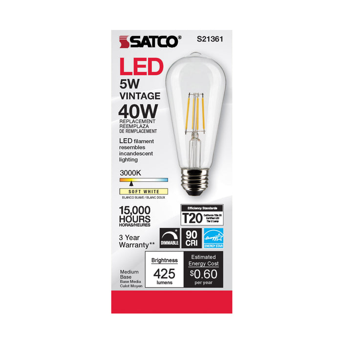 SATCO/NUVO 5W ST19 LED Clear Medium Base 90 CRI 3000K 120V (S21361)